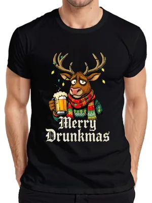 Zdjęcie produktu dla Koszulka męska Merry Drunkmas Reindeer Beer Christmas Funny Gift Ugly, czarny, S