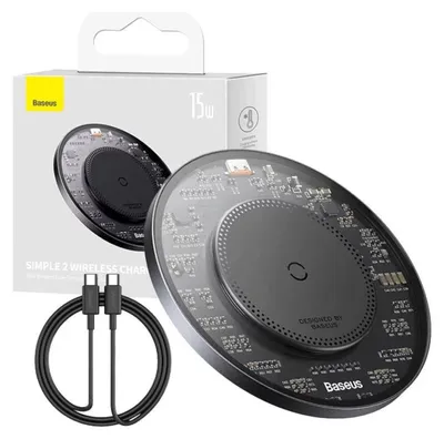 Zdjęcie produktu dla Ładowarka Indukcyjna Baseus Bs-W530 15W + Kabel Usb C - Usb C 24W 1M - Czarna