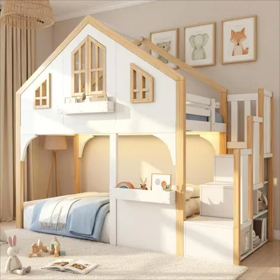 Zdjęcie produktu dla Łóżko piętrowe, łóżko podwieszane, łóżko dziecięce, łóżko drewniane, łóżko w kształcie domku, 90 x 200 cm, z oświetleniem LED i schodami z schowkiem, w kształcie okna, białe + naturalne