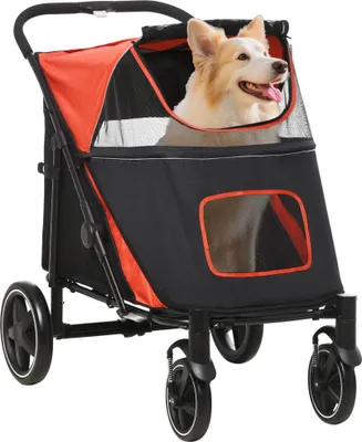 Image de Poussette pour chiens/animaux - Modèle pliable - Fenêtre en filet - Ceintures de sécurité - 112×65×100 cm - Rouge