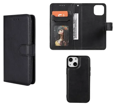 Productafbeelding van MobyDefend Hoesje - Geschikt voor iPhone 13 - Luxe 2-in-1 Wallet Book Case Met Uitneembare Backcover - Zwart