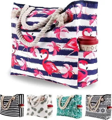 Produktbild von Unyqoos® XXL Strandtasche – Canvas 42×16×38 cm, Magnetverschluss, Innenpolyester, 3 Innen- & 2 Seitentaschen, Hanfseil-Griff, wasser- & sandabweisend