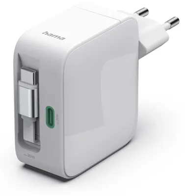Image de Chargeur rapide, GaN, 2 USB-C, câble charge extens., PD, 30 W, blanc