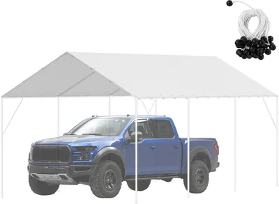 Image de SucceBuy Abri de voiture, 3 x 6 m, bâche résistante et étanche avec protection UV, installation facile avec 40 tendeurs en caoutchouc, abri de tente de garage, blanc