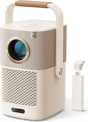 A product shot of a portable projector and its accessories against a white background.