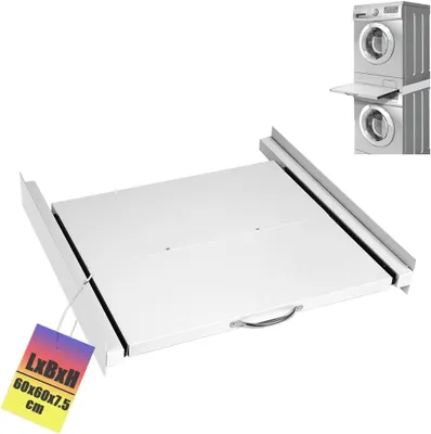 Produktbild von Stahl Verbindungsrahmen 60*60cm für Waschmaschine Trockner Zwischenbaurahmen mit Ausziehplatte, Max. 10kg, Waschmaschinenzubehör für Wäschekorb