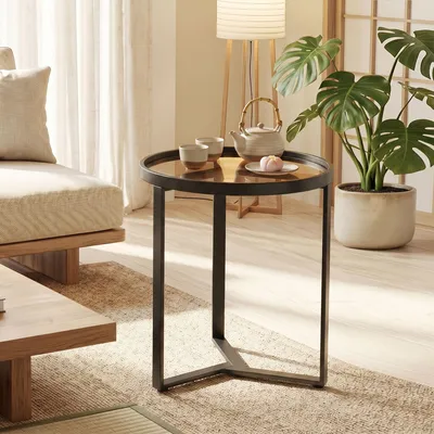 Productafbeelding van Bijzettafeltje, rond, met glazen blad, geometrisch metalen frame, zwart | Ø 45 cm | H 50 cm | Draagvermogen: 10 kg