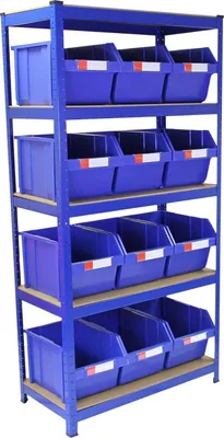 Immagine prodotto di T-Rax 90 cm: scaffali e contenitori per magazzino, contenitori modulari, scaffalature a incastro, scaffalature per carichi pesanti, scaffalature per magazzino, scaffalature in acciaio, scaffalature industriali, scaffalature da officina, magazzino, officina, garage, senza viti, blu, portata 1400 kg