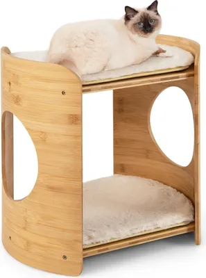 Image de Lit pour chat en bambou avec tapis en peluche amovibles, 2 niveaux