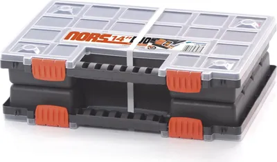 A stack of two plastic storage boxes with clear lids and orange latches, presented on a white background.