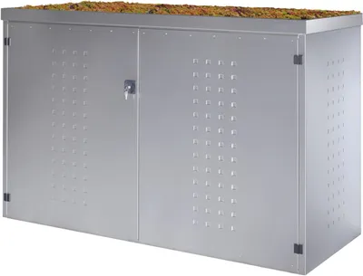 Produktbild von reinkeDESIGN | Fahrrad-Box- Fahrradgarage mit Gründach für 3 Fahrräder | aus Metall Edelstahl | zur Aufbewahrung von Mülltonnen oder Gartenbedarf