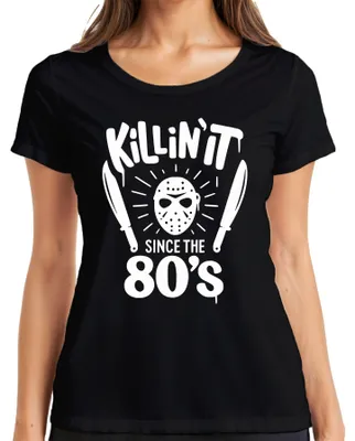 Imagen del producto de Camiseta para mujer, diseño "Killin' It", estilo película de terror slasher de los años 80, con máscara y machete, ideal para Halloween. Color: . Talla: 3XL