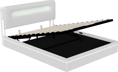 Image de UnboxG Lit Tapissé 160x200cm Beige avec Eclairage LED - Lit à Rangement Hydraulique avec Tablette de Tête, Tissu Velours Lit Double avec Coffre de Lit & Design Moderne
