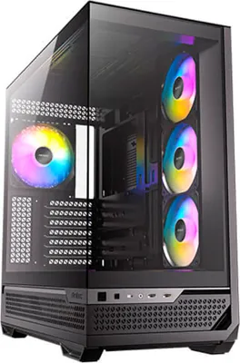 A black PC tower case with RGB lighting on the fans.