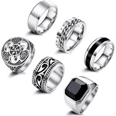 Image de Lot de 6 bagues pour hommes, en acier inoxydable, avec motifs celtiques, style biker, inspirées des Vikings, avec des motifs de sceaux, en argent, or ou noir, taille 67 (21,3)