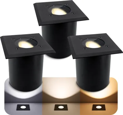 Produktbild von SSC-LUXon 3 Stück JUAVI Bodeneinbauleuchte Außenspot IP67 LED - Bodenstrahler schwarz eckig befahrbar - mit GU10 LED LumiFLEX dimmbar 6W