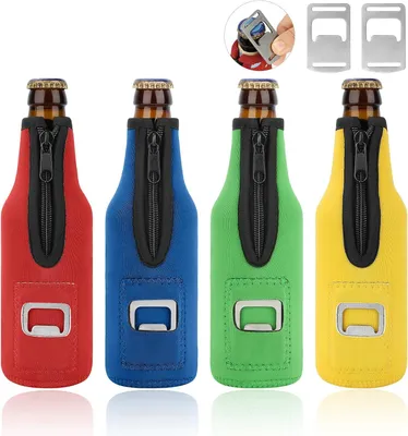 Produktbild von Bierflaschen-Kühlmanschetten aus Neopren, Bierkühler, Getränkekühler, isoliert, mit Reißverschluss, für den Außenbereich - 330 ml - Set mit 4 Stück - Ideal für unterwegs und Partys