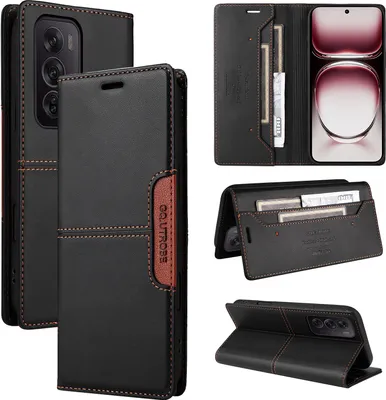 Image de Etui pour Oppo Reno12 Pro 5G, étui portefeuille en cuir avec fente pour cartes et support Noir