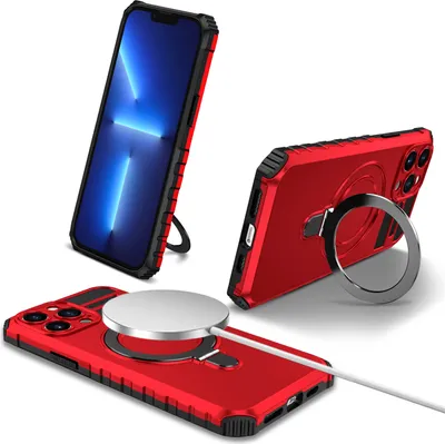 Image de Étui pour iPhone 13 Pro magnétique avec MagSafe, porte-anneau, support, étui de protection double couche rouge