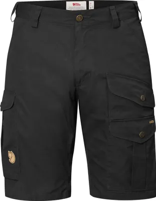 A pair of black cargo shorts shown from the front.