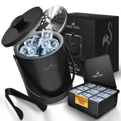Produktbild von Edelstahl Eiswürfelbehälter mit Deckel - 2l Eiskübel/Eisbehälter für Eiswürfel mit Sieb, Eiswürfelform und Zange | Eiseimer doppelwandig, Schwarz-Matt