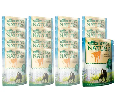 Produktbild von Dehner Best Nature Katzenfutter, Nassfutter, für ausgewachsene Katzen, Kalb / Zucchini / Distelöl, 16 x 85 g Beutel (1.36 kg)