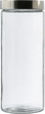 A clear, full-shot image of a tall, empty glass jar with a silver metal lid.