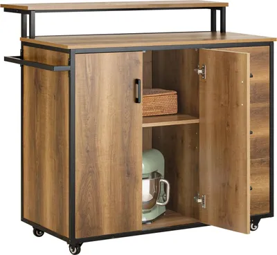 Immagine prodotto di KNL02-PF, Isola da cucina/carrello da cucina con piano di lavoro, ante e cassetti, su rotelle, marrone