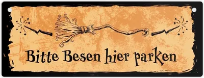 Produktbild von Metallschild L in 10,5x28cm für Hexen mit Besen-Motiv und Spruch - Bitte Besen
