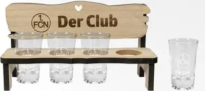 Produktbild von 1. FC Nürnberg Schnapsbank mit 4 Gläsern und FCN-Logo, ca. 22x11x8 cm