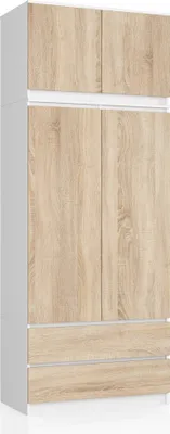 Produktbild von Kleiderschrank AKORD S90 mit Aufsatz Weiß 90 cm 2 Türen 2 Schubladen 6 Ebenen Front Sonoma-Eiche B90 x H234 x T51 cm