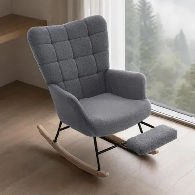 Immagine prodotto di Poltrona reclinabile MODFU, poltrona a dondolo, poltrona relax con poggiapiedi estraibile e cuscino imbottito, poltrona lounge in sherpa, schienale alto, colore grigio