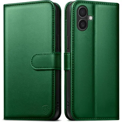 Obrázek produktu pro Obal na iPhone 16 s klopou, s 6 přihrádkami na karty, ochranou proti RFID, funkcí stojánku, barva: zelená