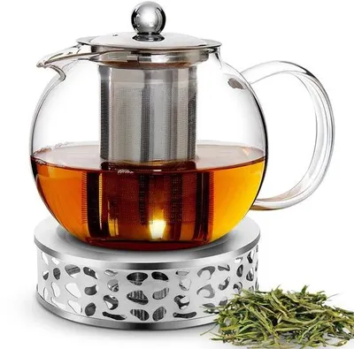 Productafbeelding van Unyqoos® Glazen theepot, 1300 ml – Gemaakt van borosilicaatglas, met afneembaar roestvrijstalen zeefje en theewarmers (kaarsenhoudertje) met theelicht, ideaal voor theeliefhebbers