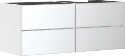 Image de Meuble sous-lavabo hansgrohe Xevolos E, finition blanc mat, dimensions 1370/550 mm, avec 4 tiroirs, conçu pour une console avec découpe sur le côté droit. Finition de la façade : blanc métallisé