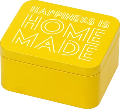 Produktbild von BIRKMANN Geschenkbox mit Spruch, gelb, 12 x 10 cm, H 6 cm, aus robustem Weißblech, 438255