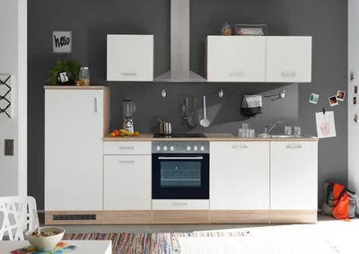 Produktbild von ANDY Moderne Küchenzeile ohne Elektrogeräte in Eiche Sonoma Optik, Weiß matt - Geräumige Einbauküche mit viel Stauraum - 280 x 195 x 60 cm (B/H/T)