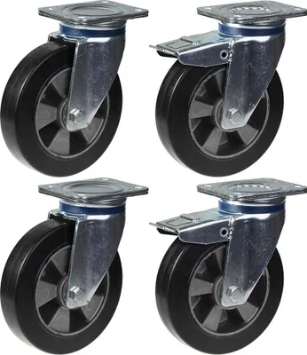 Obrázek produktu pro 200mm 8" kolečka s černou gumou, otočná a s brzdou, silná, nosnost 1800 kg, sada 4 kusů