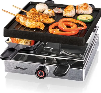 Produktbild von Cloer 6454 Raclette-Grill mit Aluminiumgussplatte, 750 W, 4 Raclette-Pfännchen mit Antihaftbeschichtung, Kunststoffspatel, unbeheizte Abstellfläche,