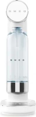 A white and silver water carbonator with a clear blue bottle.
