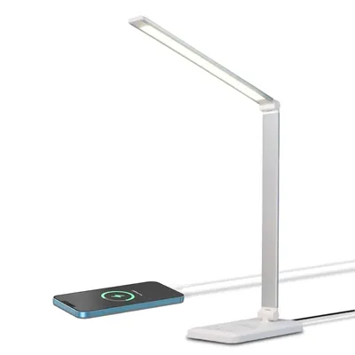 Immagine prodotto di Lampada da scrivania LED LQWELL®, dimmerabile, realizzata in metallo, con 5 colori e 10 livelli di luminosità. Lampada da comodino a LED, delicata per gli occhi, con ricarica USB, controllo touch e funzione di memoria, ideale per bambini e ufficio