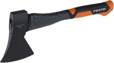 A black and orange axe with a black handle is shown against a white background.