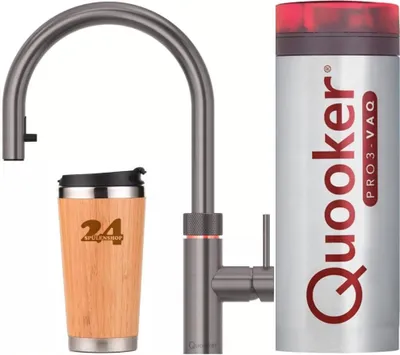 Produktbild von »QUOOKER Flex VAQ PRO3 Zugauslauf Gunmetal PVD & 100°C Armatur (3XGME)«  Spültischmischer mit 100°C Kochendwasserfunktion Inklusive Thermobecher