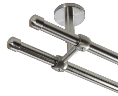 Produktbild von Gardinenstange Set Edelstahl Look Metall Ø 16mm Deckenbefestigung 2-lauf Kappe, Länge wählbar D21 E17 E17