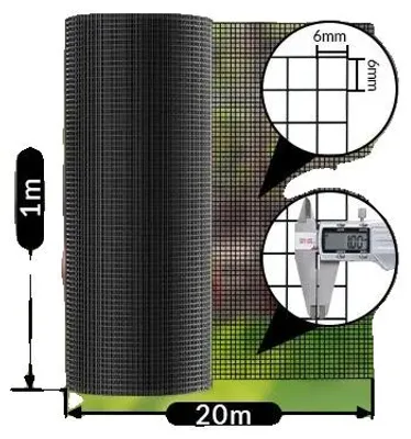 Obrázok produktu pre Sieťový plot do záhrady, pozinkovaná oceľ, povrchová úprava z PVC odolná voči korózii, čierna sieť z PVC, dĺžka 20 metrov, priemer drôtu 6 mm