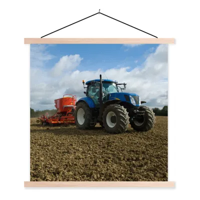 Produktbild von MuchoWow® Textilposter Traktor - Blau - Landleben - Wolken 120x120 cm mit holzfarbenen Rahmen - Textil-Poster