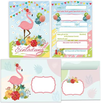 Imagen del producto de Tarjetas de invitación con diseño de flamenco, 12 unidades, formato A6, con sobres, para fiestas de cumpleaños infantiles