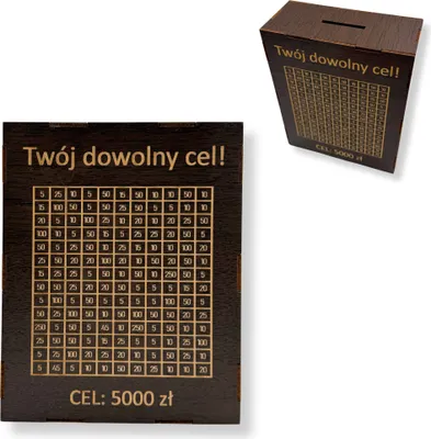 Zdjęcie produktu dla Skarbonka drewniana wenge, wykreślanka personalizowana z twoim grawerem, skarbonka wykreślanka, oszczędzanie