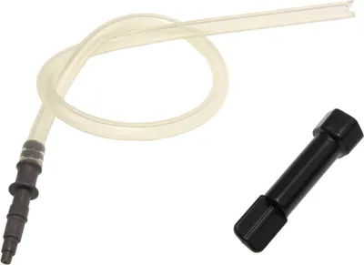 A clear product shot of a clear tube with a black connector and a black hexagonal tool on a white background.
