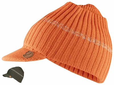 A knitted cap with a visor, shown in orange and a smaller inset image of a dark olive cap.